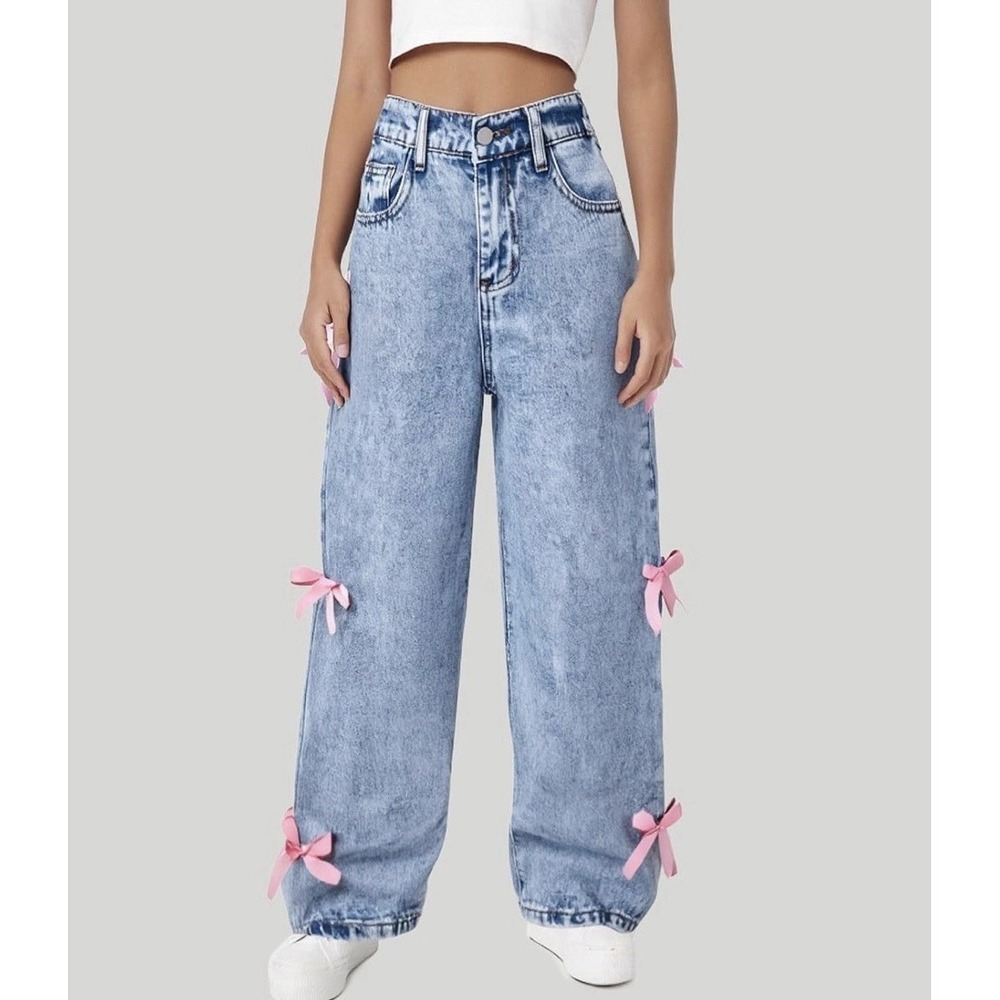 Girls Acid Wash Wide Leg Jeans Pink Bows Y2K Style Baggy High Waisted 10-11 Yrs